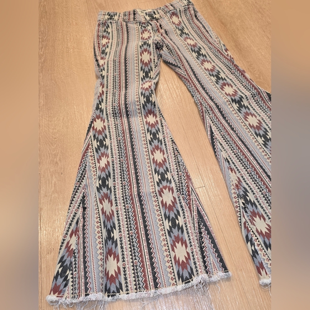 Rock & Roll Denim Girls Bargain Button Bell Bottom Southwestern Stripe Print 8 - Picture 2 of 10